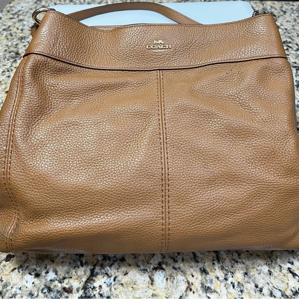 Coach Tan Leather Shoulder Bag with Pebbled Texture-